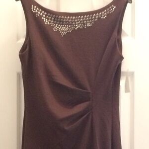 JONATHAN MARTIN Chocolate brown metallic trim asymmetrical neck sheath dress